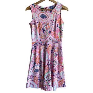 TALBOTS Size XS Pink Paisley Floral Colorful A-Line Dress 100% Cotton Stretch